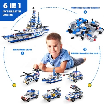 1169 Stück City Polizei Spielzeug Bausteine, burgkidz 6 in 1 Militär SchlachtschiffBauspielzeug mit Polizeiauto, Hubschrauber, Rollenspiel STEM Konstruktionsspielzeug für Jungen Mädchen 6-12 - 2