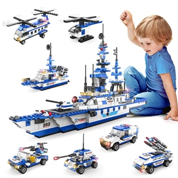 1169 Stück City Polizei Spielzeug Bausteine, burgkidz 6 in 1 Militär SchlachtschiffBauspielzeug mit Polizeiauto, Hubschrauber, Rollenspiel STEM Konstruktionsspielzeug für Jungen Mädchen 6-12 - 1