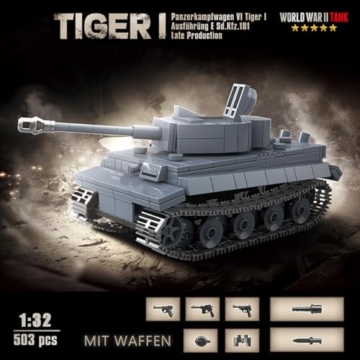 1:32 Tiger Panzer Klemmbausteine,503 Teile WWII Armee Militärspielzeuge Leichter Panzer Modellbausatz Kampfwagen Bausteine mit Waffen Ausgestattet Kreative Geschenke für Junge Menschen Militärfans - 5