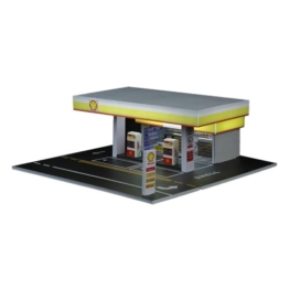 1:64 Tankstellen Szene Modell, Detailreiches Miniatur Gebäude mit LED-Beleuchtung & Zubehör, Realistische 1:64 Diorama Struktur für Display, Sammlung & Modellbau-Enthusiasten - 1