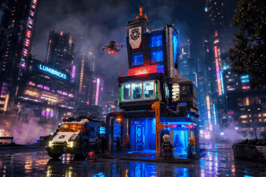 Lumibricks Cyberpunk Polizeistation & Polizeitruck 17009 + 17008