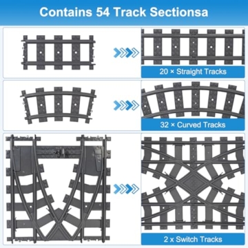 Bausteine Zug Schienen Set, 54 Stück City Eisenbahn Schienen for Train, Bestehend aus Cross Track Gerade, Kurven Schienen, City Erweiterungsset Gleise Kompatibel mit dem Marktführer - 5