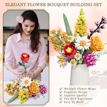 Blumen Bausteine Set für Erwachsene, 1070 Stück Blumenstrauß, künstliche Blume Bauklötze Bausatz Spielzeug für Frauen Mädchen, Home Deko Geschenk für Geburtstag, Muttertag, Valentinstag (keine Vase) - 3