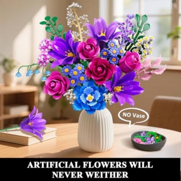 Blumen Blumenstrauß mit LED Licht für Erwachsene, 21 Flowers Bausteine, Botanical Kollektion Klemmbausteine Pflanzen Home Deko, Valentinstags Geburtstag Geschenke für Ehefrau/Freundin/Mutter (LILA) - 3