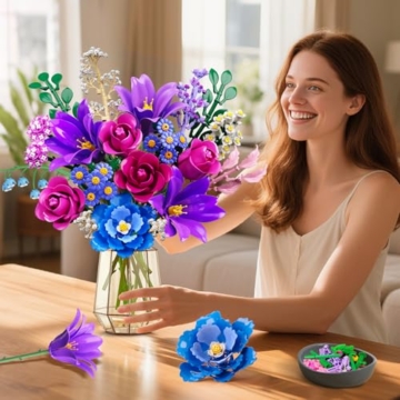Blumen Blumenstrauß mit LED Licht für Erwachsene, 21 Flowers Bausteine, Botanical Kollektion Klemmbausteine Pflanzen Home Deko, Valentinstags Geburtstag Geschenke für Ehefrau/Freundin/Mutter (LILA) - 4