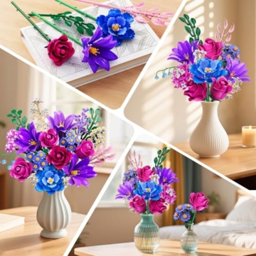 Blumen Blumenstrauß mit LED Licht für Erwachsene, 21 Flowers Bausteine, Botanical Kollektion Klemmbausteine Pflanzen Home Deko, Valentinstags Geburtstag Geschenke für Ehefrau/Freundin/Mutter (LILA) - 5