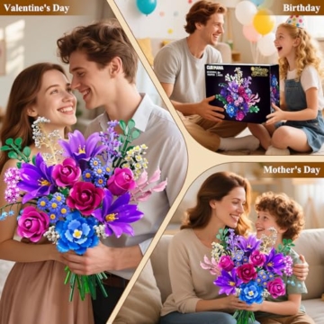 Blumen Blumenstrauß mit LED Licht für Erwachsene, 21 Flowers Bausteine, Botanical Kollektion Klemmbausteine Pflanzen Home Deko, Valentinstags Geburtstag Geschenke für Ehefrau/Freundin/Mutter (LILA) - 7