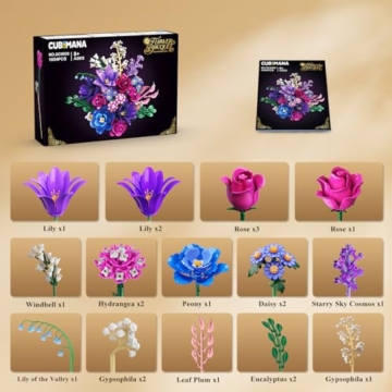 Blumen Blumenstrauß mit LED Licht für Erwachsene, 21 Flowers Bausteine, Botanical Kollektion Klemmbausteine Pflanzen Home Deko, Valentinstags Geburtstag Geschenke für Ehefrau/Freundin/Mutter (LILA) - 8