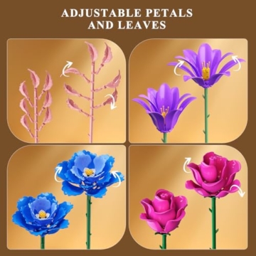 Blumen Blumenstrauß mit LED Licht für Erwachsene, 21 Flowers Bausteine, Botanical Kollektion Klemmbausteine Pflanzen Home Deko, Valentinstags Geburtstag Geschenke für Ehefrau/Freundin/Mutter (LILA) - 9