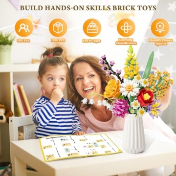 Blumenstrauß Bausatz, 1070 Stück Blumen Bauspielzeugset 10 Künstliche Blumen für Flowers, Botanical Kollektion Bauklötze, Geschenke zum Valentinstag, Geburtstag, Muttertag, Vase Nicht Enthalten - 4