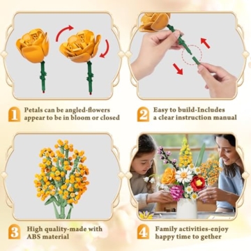Blumenstrauß Bausatz, 1070 Stück Blumen Bauspielzeugset 10 Künstliche Blumen für Flowers, Botanical Kollektion Bauklötze, Geschenke zum Valentinstag, Geburtstag, Muttertag, Vase Nicht Enthalten - 5