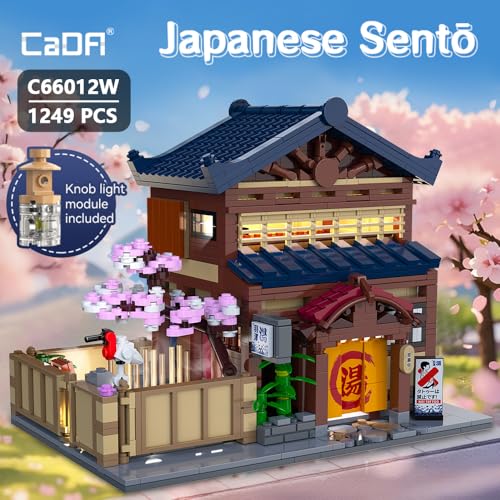 CaDA C66012w Bausteinmodell Eines Japanischen Thermalhotels, 1249 Teile Japanischer Architektur, Kirschblütengarten Mit Warmem Led-Licht, Sammlerhaus Zum Zusammenbauen (C66012W) - 2