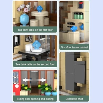 CaDA Japanisches Teehaus-Bauset, Master C66010W Japanisches Straßenladen-Bauset mit Beleuchtung, 1200-teiliges modulares Haus – Geschenkidee für Jungen und Erwachsene - 7