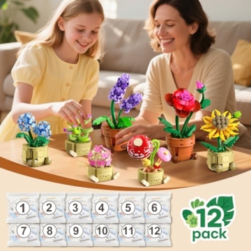 CUBIMANA 12 Blumen Botanical Mini Bausätze Spielzeug – 1697 Stück Kunstblumen Bonsai 3,6MM Klemmbausteine Set für Büro Heimdekor, Flowers Baustein Kreatives Bauprojekt für Erwachsene Kinder 10+ - 4