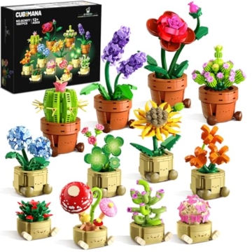 CUBIMANA 12 Blumen Botanical Mini Bausätze Spielzeug – 1697 Stück Kunstblumen Bonsai 3,6MM Klemmbausteine Set für Büro Heimdekor, Flowers Baustein Kreatives Bauprojekt für Erwachsene Kinder 10+ - 1