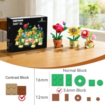 CUBIMANA 12 Blumen Botanical Mini Bausätze Spielzeug – 1697 Stück Kunstblumen Bonsai 3,6MM Klemmbausteine Set für Büro Heimdekor, Flowers Baustein Kreatives Bauprojekt für Erwachsene Kinder 10+ - 5