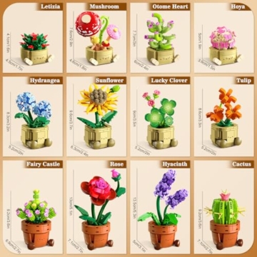 CUBIMANA 12 Blumen Botanical Mini Bausätze Spielzeug – 1697 Stück Kunstblumen Bonsai 3,6MM Klemmbausteine Set für Büro Heimdekor, Flowers Baustein Kreatives Bauprojekt für Erwachsene Kinder 10+ - 6