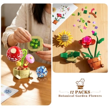 CUBIMANA 12 Blumen Botanical Mini Bausätze Spielzeug – 1697 Stück Kunstblumen Bonsai 3,6MM Klemmbausteine Set für Büro Heimdekor, Flowers Baustein Kreatives Bauprojekt für Erwachsene Kinder 10+ - 9