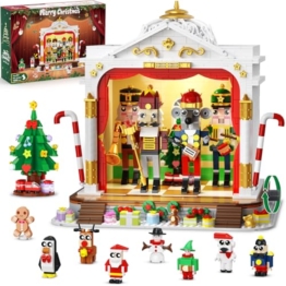 CUBIMANA 2025 Weihnachtliches Theater Bausteine mit Licht – 1690 Teile 3,6 mm Mini Spielzeug mit 4 festlichen Spielzeugsoldaten & 8 Minifiguren, Baum & Zug für Erwachsene - 1