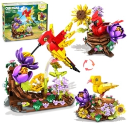 CUBIMANA 3-in-1 Vogelnest-Bauspielzeug – Blumen Vogelhaus Kardinal Kolibri Kanarienvogel Bausteine-Set Zuhause Büro Kunstdekor Tiervögel Ausstellung Erwachsene ab 12 (646 Teile) - 1