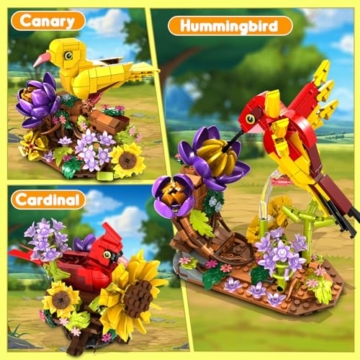 CUBIMANA 3-in-1 Vogelnest-Bauspielzeug – Blumen Vogelhaus Kardinal Kolibri Kanarienvogel Bausteine-Set Zuhause Büro Kunstdekor Tiervögel Ausstellung Erwachsene ab 12 (646 Teile) - 4