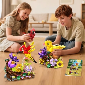CUBIMANA 3-in-1 Vogelnest-Bauspielzeug – Blumen Vogelhaus Kardinal Kolibri Kanarienvogel Bausteine-Set Zuhause Büro Kunstdekor Tiervögel Ausstellung Erwachsene ab 12 (646 Teile) - 6