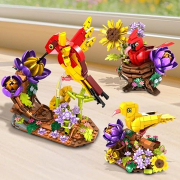 CUBIMANA 3-in-1 Vogelnest-Bauspielzeug – Blumen Vogelhaus Kardinal Kolibri Kanarienvogel Bausteine-Set Zuhause Büro Kunstdekor Tiervögel Ausstellung Erwachsene ab 12 (646 Teile) - 8