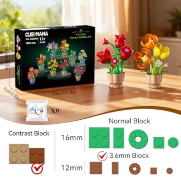CUBIMANA 9 Blumen Bausatz 3,6MM Mini Bausteine Botanicals Collection Bausteinspielzeug, Künstliche Blumenpflanzen Bauset für Home Büro Deko, Geschenk für Erwachsene Kinder Mädchen ab 12+(1362 Stück) - 6