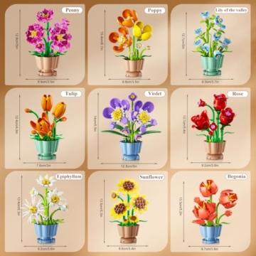 CUBIMANA 9 Blumen Bausatz 3,6MM Mini Bausteine Botanicals Collection Bausteinspielzeug, Künstliche Blumenpflanzen Bauset für Home Büro Deko, Geschenk für Erwachsene Kinder Mädchen ab 12+(1362 Stück) - 7