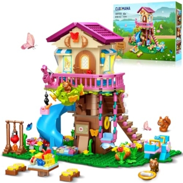 CUBIMANA Baumhaus-Bauspielzeug mit LED-Licht – 618 Stück Baumhaus-Bausteinset, 3-stöckiges Hausbauset mit Rutsche und Aufklebern, Geschenk Spielzeug für Kinder, Mädchen Jungen ab 6 7 8 9 10 11+ Jahren - 1