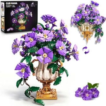 CUBIMANA Blumen-Bauset mit Vase - 2-in-1 Prunkwinden-Bonsai-Bausteine, Pflanzenarrangement, Vintage-Wandblumentöpfe, Heimdekoration, Geschenk zum Valentinstag, Erwachsene ab 12 Jahren (1136 Teile) - 1