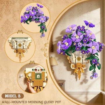 CUBIMANA Blumen-Bauset mit Vase - 2-in-1 Prunkwinden-Bonsai-Bausteine, Pflanzenarrangement, Vintage-Wandblumentöpfe, Heimdekoration, Geschenk zum Valentinstag, Erwachsene ab 12 Jahren (1136 Teile) - 5