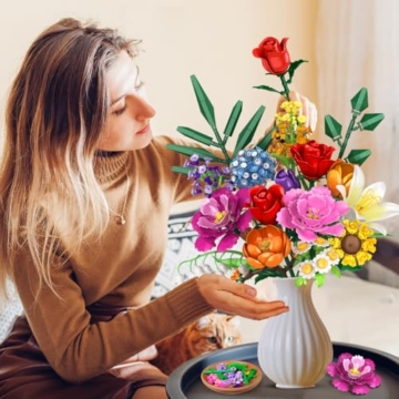 CUBIMANA Blumenstrauß-Bausatz – 1000 Teiles Blumenstrauß-Set, Botanische Geschenk zum Valentinstag für Sie und Ihn, 15 Künstliche Blumen Bausteine Heimdekoration für Erwachsene 6+ Mädchen Geburtstag - 2