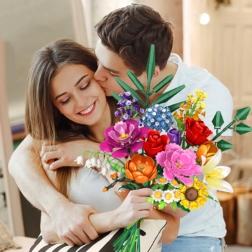 CUBIMANA Blumenstrauß-Bausatz – 1000 Teiles Blumenstrauß-Set, Botanische Geschenk zum Valentinstag für Sie und Ihn, 15 Künstliche Blumen Bausteine Heimdekoration für Erwachsene 6+ Mädchen Geburtstag - 4