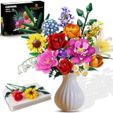 CUBIMANA Blumenstrauß-Bausatz – 1000 Teiles Blumenstrauß-Set, Botanische Geschenk zum Valentinstag für Sie und Ihn, 15 Künstliche Blumen Bausteine Heimdekoration für Erwachsene 6+ Mädchen Geburtstag - 1