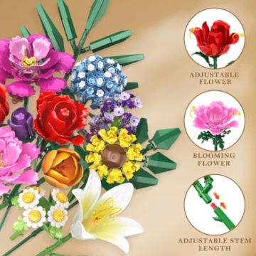 CUBIMANA Blumenstrauß-Bausatz – 1000 Teiles Blumenstrauß-Set, Botanische Geschenk zum Valentinstag für Sie und Ihn, 15 Künstliche Blumen Bausteine Heimdekoration für Erwachsene 6+ Mädchen Geburtstag - 6