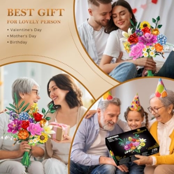 CUBIMANA Blumenstrauß-Bausatz – 1000 Teiles Blumenstrauß-Set, Botanische Geschenk zum Valentinstag für Sie und Ihn, 15 Künstliche Blumen Bausteine Heimdekoration für Erwachsene 6+ Mädchen Geburtstag - 8