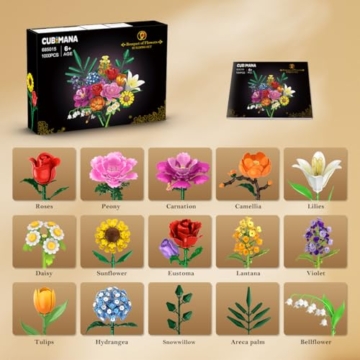 CUBIMANA Blumenstrauß-Bausatz – 1000 Teiles Blumenstrauß-Set, Botanische Geschenk zum Valentinstag für Sie und Ihn, 15 Künstliche Blumen Bausteine Heimdekoration für Erwachsene 6+ Mädchen Geburtstag - 9