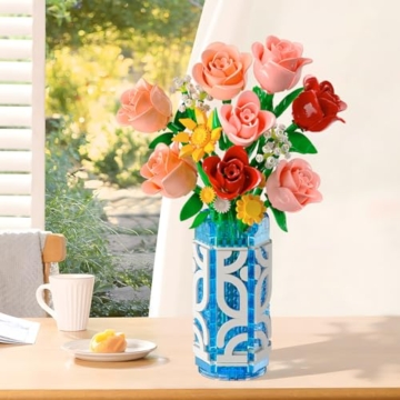 CUBIMANA Blumenstrauß-Bausatz mit Vase und LED-Licht, 747pcs Mini-Rosen-Blumen-Bausteinspielzeug, Geschenke zum Valentinstag für Sie und Ihn, DIY-Kunstblumen-Dekoration für Zuhause und das Büro - 3