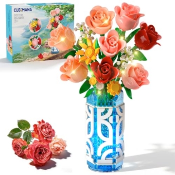 CUBIMANA Blumenstrauß-Bausatz mit Vase und LED-Licht, 747pcs Mini-Rosen-Blumen-Bausteinspielzeug, Geschenke zum Valentinstag für Sie und Ihn, DIY-Kunstblumen-Dekoration für Zuhause und das Büro - 1