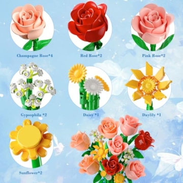 CUBIMANA Blumenstrauß-Bausatz mit Vase und LED-Licht, 747pcs Mini-Rosen-Blumen-Bausteinspielzeug, Geschenke zum Valentinstag für Sie und Ihn, DIY-Kunstblumen-Dekoration für Zuhause und das Büro - 6