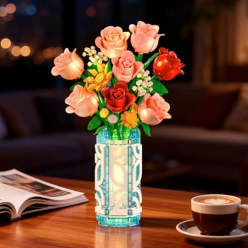 CUBIMANA Blumenstrauß-Bausatz mit Vase und LED-Licht, 747pcs Mini-Rosen-Blumen-Bausteinspielzeug, Geschenke zum Valentinstag für Sie und Ihn, DIY-Kunstblumen-Dekoration für Zuhause und das Büro - 7