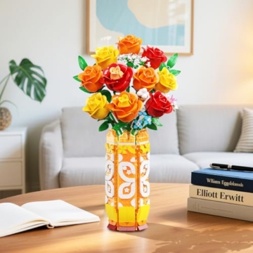 CUBIMANA Blumenstrauß-Bausatz mit Vase und LED-Licht, Gelbe, Orange und Rote Rosen, 3,6 mm, Mini-Botanik-Bauspielzeug, Geschenke für Freunde, künstliche Blumen für Büro, Heimdekoration und Ausstellung - 2