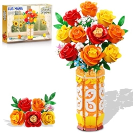 CUBIMANA Blumenstrauß-Bausatz mit Vase und LED-Licht, Gelbe, Orange und Rote Rosen, 3,6 mm, Mini-Botanik-Bauspielzeug, Geschenke für Freunde, künstliche Blumen für Büro, Heimdekoration und Ausstellung - 1