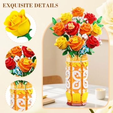 CUBIMANA Blumenstrauß-Bausatz mit Vase und LED-Licht, Gelbe, Orange und Rote Rosen, 3,6 mm, Mini-Botanik-Bauspielzeug, Geschenke für Freunde, künstliche Blumen für Büro, Heimdekoration und Ausstellung - 4