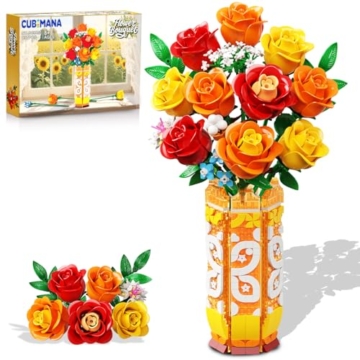 CUBIMANA Blumenstrauß-Bausatz mit Vase und LED-Licht, Gelbe, Orange und Rote Rosen, 3,6 mm, Mini-Botanik-Bauspielzeug, Geschenke für Freunde, künstliche Blumen für Büro, Heimdekoration und Ausstellung - 1