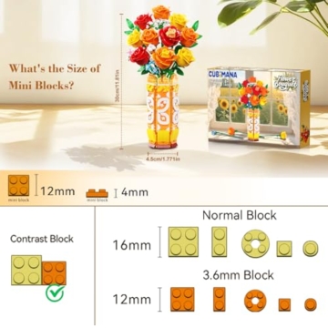 CUBIMANA Blumenstrauß-Bausatz mit Vase und LED-Licht, Gelbe, Orange und Rote Rosen, 3,6 mm, Mini-Botanik-Bauspielzeug, Geschenke für Freunde, künstliche Blumen für Büro, Heimdekoration und Ausstellung - 5