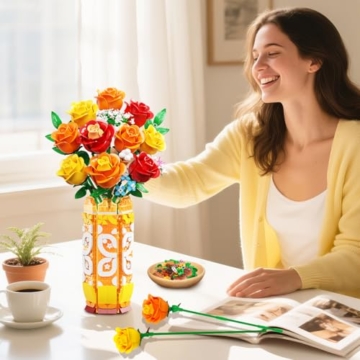 CUBIMANA Blumenstrauß-Bausatz mit Vase und LED-Licht, Gelbe, Orange und Rote Rosen, 3,6 mm, Mini-Botanik-Bauspielzeug, Geschenke für Freunde, künstliche Blumen für Büro, Heimdekoration und Ausstellung - 6