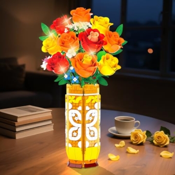 CUBIMANA Blumenstrauß-Bausatz mit Vase und LED-Licht, Gelbe, Orange und Rote Rosen, 3,6 mm, Mini-Botanik-Bauspielzeug, Geschenke für Freunde, künstliche Blumen für Büro, Heimdekoration und Ausstellung - 7