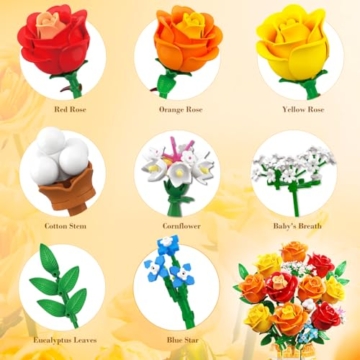 CUBIMANA Blumenstrauß-Bausatz mit Vase und LED-Licht, Gelbe, Orange und Rote Rosen, 3,6 mm, Mini-Botanik-Bauspielzeug, Geschenke für Freunde, künstliche Blumen für Büro, Heimdekoration und Ausstellung - 8
